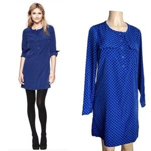 Gap Deborah Polka Dots Blue Black Shirt Dress Knee Shift Pop Over Long Pockets S